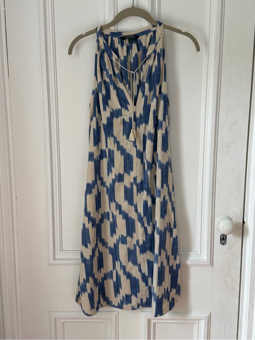 Women’s Lauren Ralph Lauren Sleeveless Tan Blue Ikat Print Dress Size 12